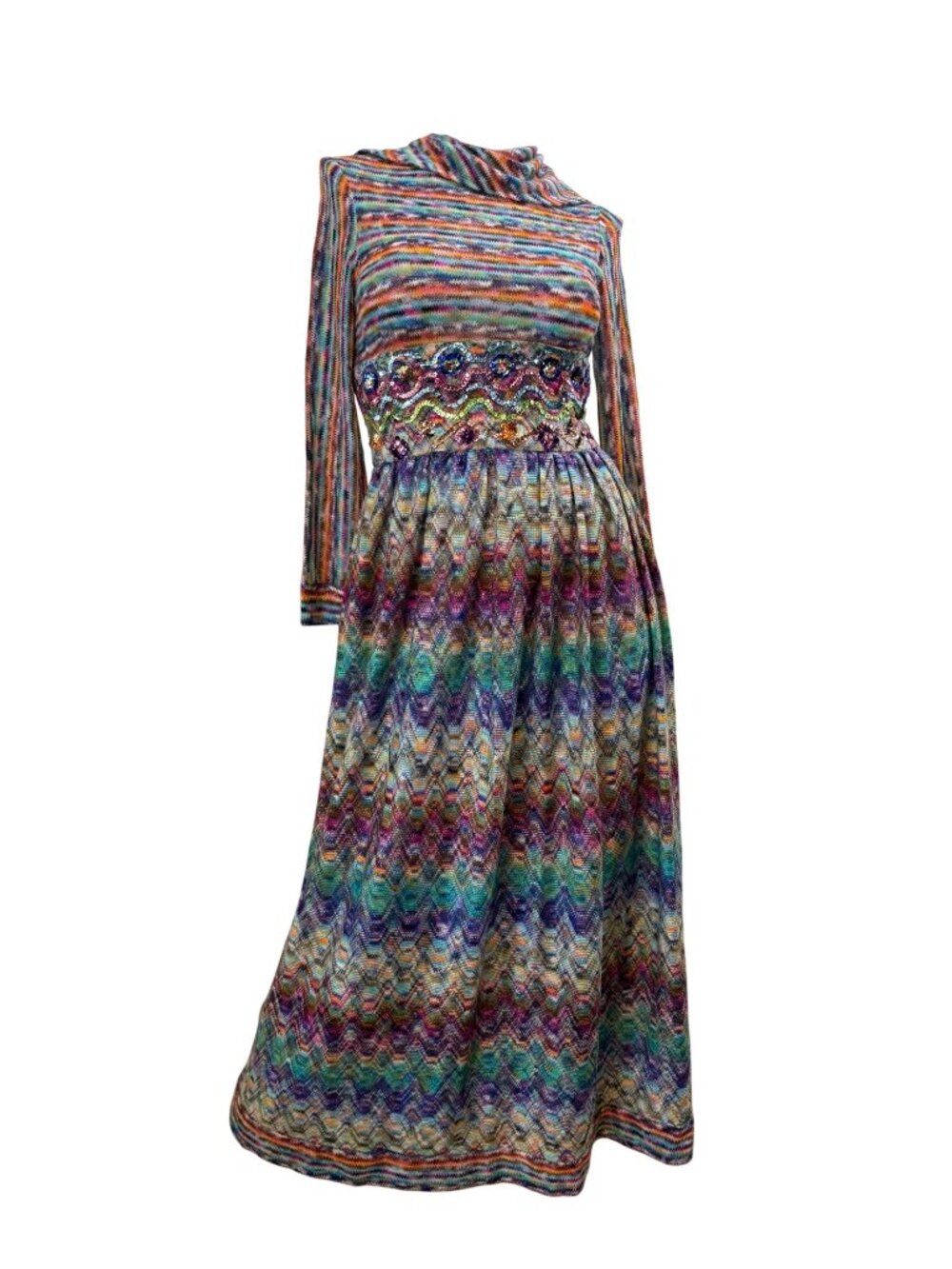 1970s Rainbow Chevron Space Dye Knit Maxi Dress Sequin Waist Studio 54 VTG